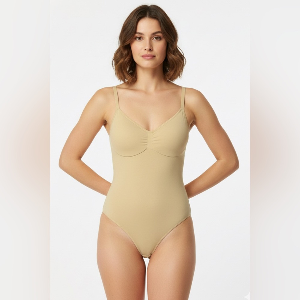 Beige One Piece Thong Bodysuit Compression Shapewear Medium Wire Free NWT Nude